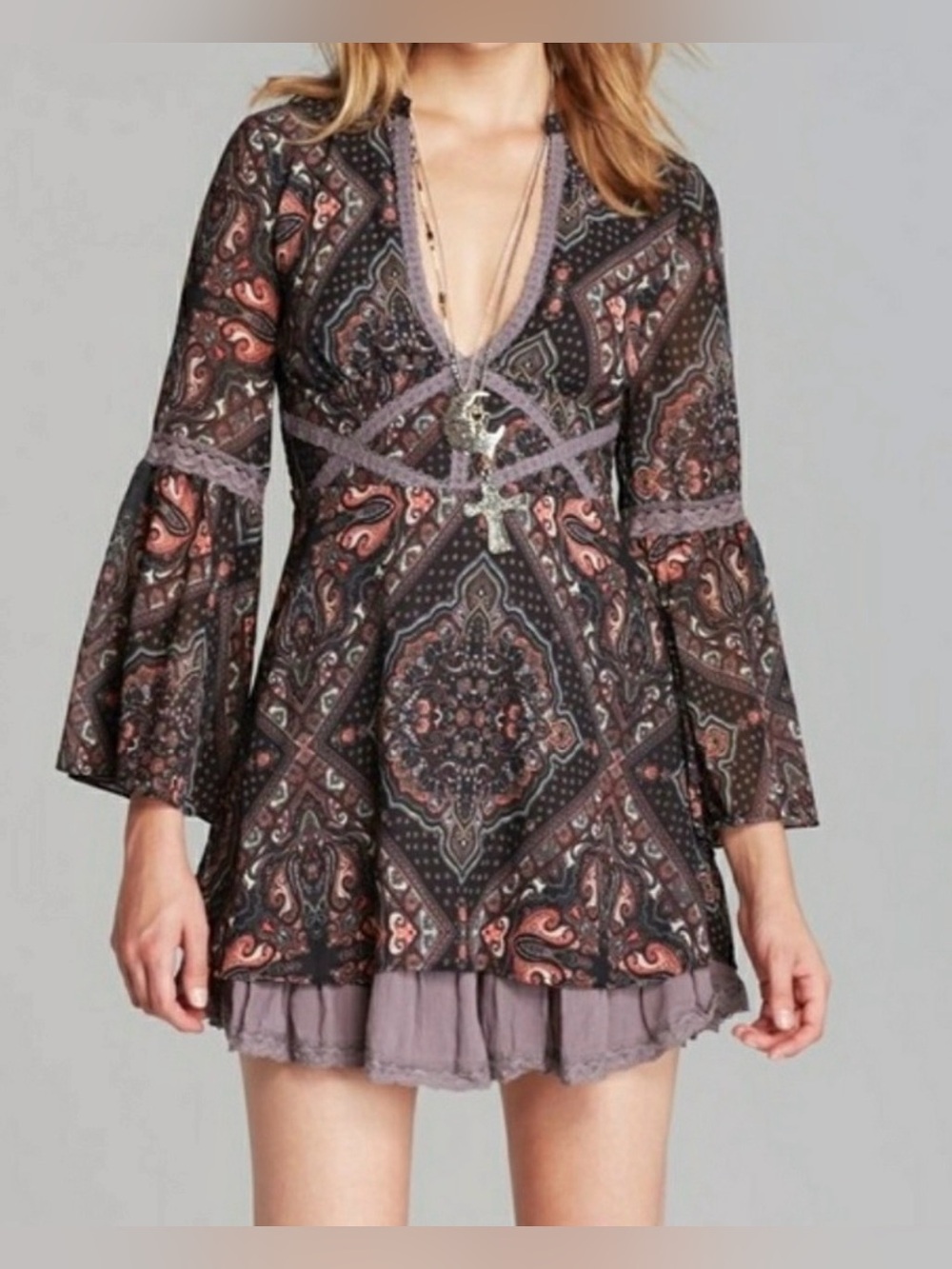 Free People Moonlight Bay Paisley Bell Sleeve Mini Dress Size 0 Witchy Retro